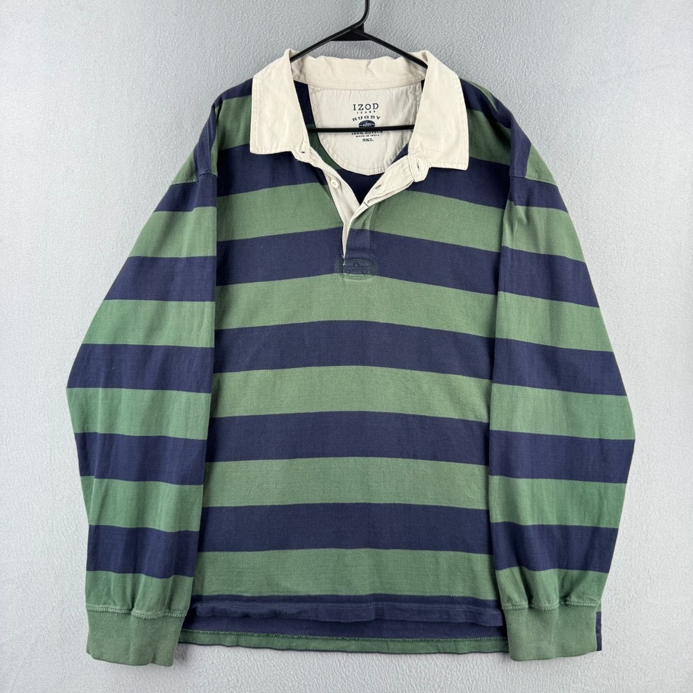 Vintage Izod Rugby Shirt Mens 2XL Cotton Polo Long Sleeve Striped Y2K
